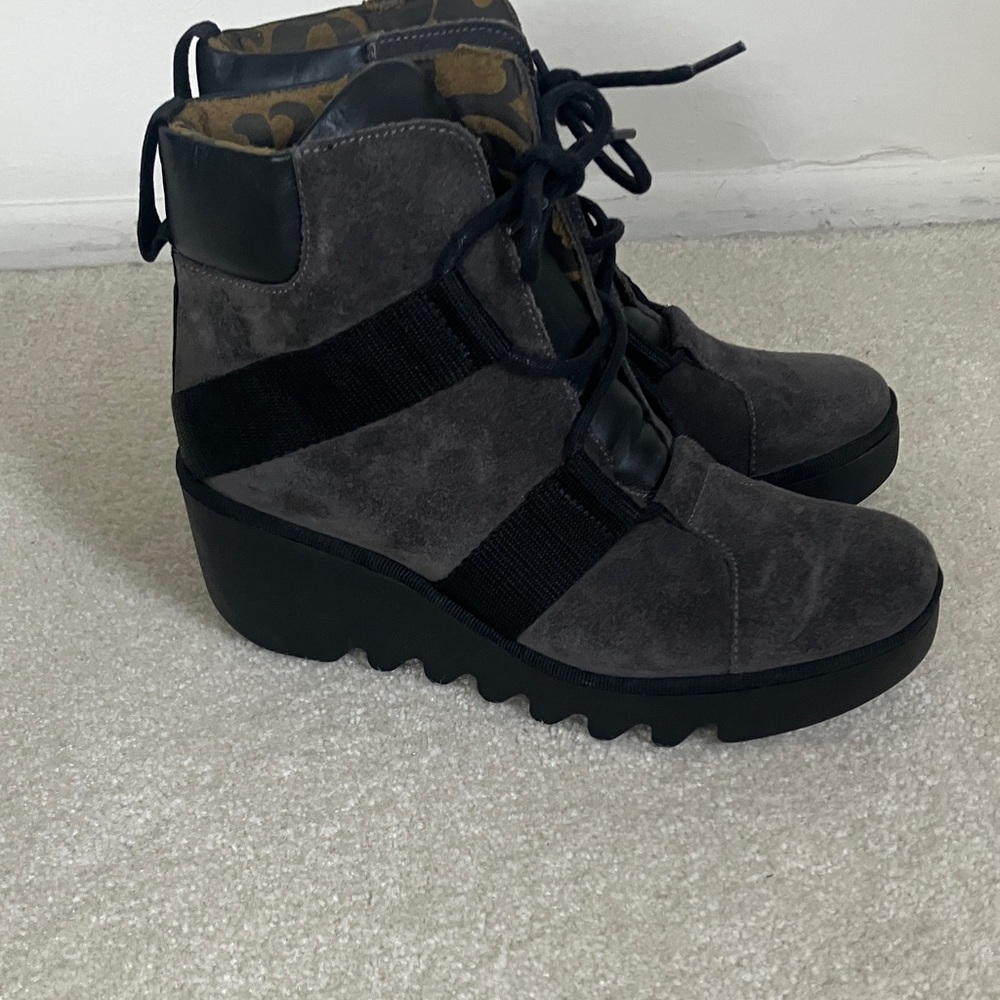 Fly London Black Lace Up Wedge Boots - Picture 2 of 7